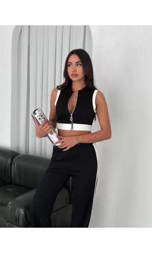 Luz&Pos Osy Modal Yumuşak Dokulu Kumaş Tam Fermuarlı Crop Pantalon İkili Takım - Siyah