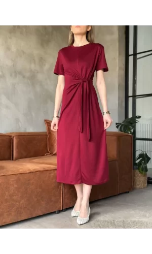 Osy Modal Yumuşak Dokulu Kumaş Yandan Bağlamalı Elbise - Bordo