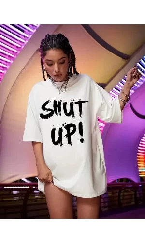 Luz&Pos 20/1 Penye Compack Oversize Beyaz Shut Up Kısa Kol Yazlık Tişört - Beyaz