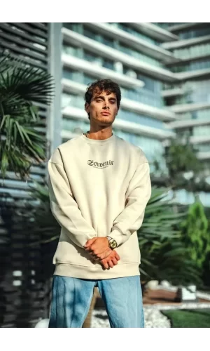 Luz&Pos Oversize Bisiklet Yaka Baskılı Sweatshirt - Beyaz