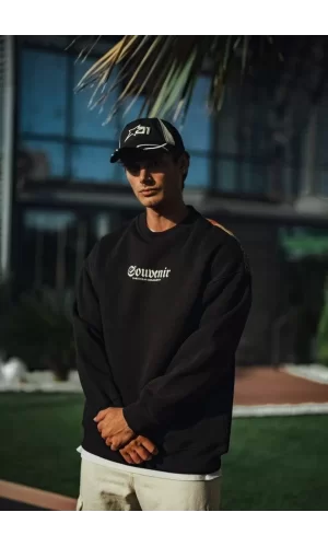 Luz&Pos Oversize Bisiklet Yaka Baskılı Sweatshirt - Siyah