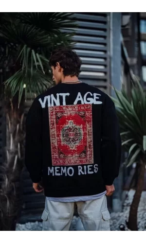 Luz&Pos Oversize Bisiklet Yaka Üç İplik Baskılı Sweatshirt - Siyah
