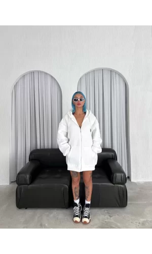 Luz&Pos Oversize Tam Fermuarlı Uzun Kol Hırka - Beyaz