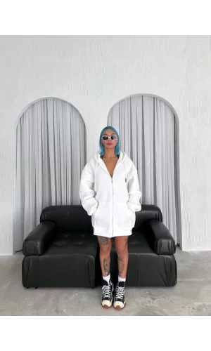 Oversize Tam Fermuarlı Uzun Kol Hırka - Beyaz