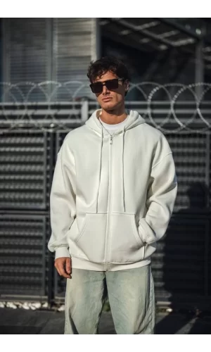 Oversize Tam Fermuarlı Uzun Kol Hırka - Beyaz