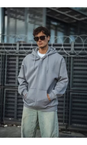 Oversize Tam Fermuarlı Uzun Kol Hırka - Gri