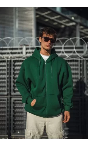 Oversize Tam Fermuarlı Uzun Kol Hırka - Haki