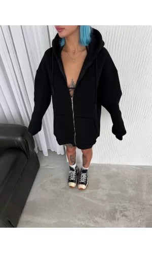 Oversize Tam Fermuarlı Uzun Kol Hırka - Siyah