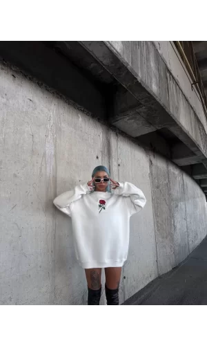 Luz&Pos Oversize Üç İplik Bisiklet Yaka Baskılı Sweatshirt - Beyaz
