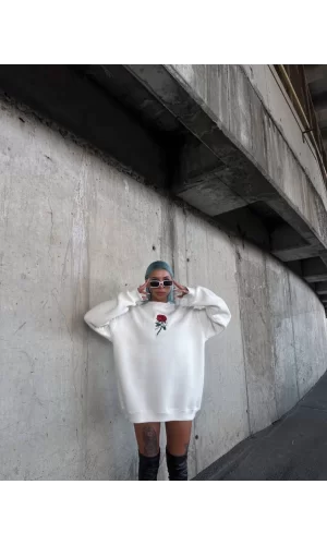 Oversize Üç İplik Bisiklet Yaka Baskılı SweatShirt - Beyaz