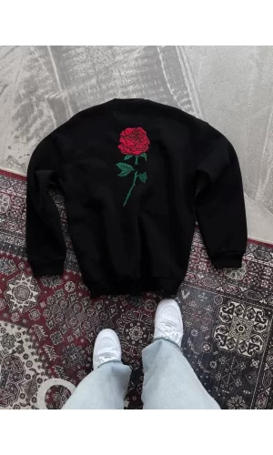 Luz&Pos Oversize Üç İplik Bisiklet Yaka Baskılı Sweatshirt - Siyah
