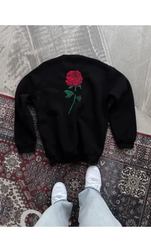 Oversize Üç İplik Bisiklet Yaka Baskılı SweatShirt - Siyah