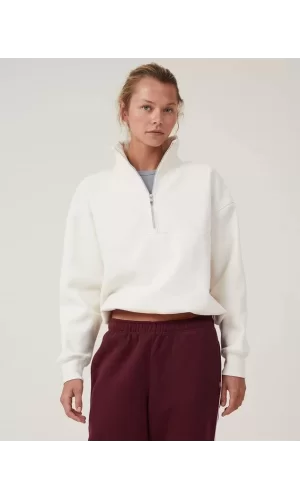 Luz&Pos Oversize Yarım Farmuarlı Yakalı Basic Sweatshirt - Beyaz