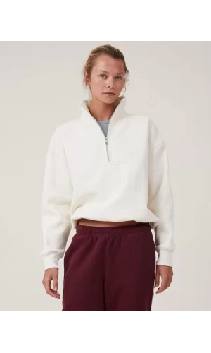 Oversize Yarım Farmuarlı Yakalı Basic SweatShirt - Beyaz