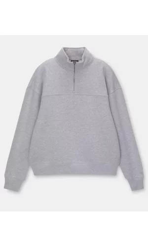 Oversize Yarım Farmuarlı Yakalı Basic SweatShirt - Gri