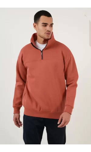 Luz&Pos Oversize Yarım Farmuarlı Yakalı Basic Sweatshirt - Gül Kurusu