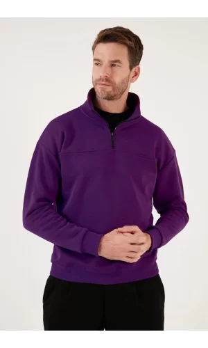 Luz&Pos Oversize Yarım Farmuarlı Yakalı Basic Sweatshirt - Mor