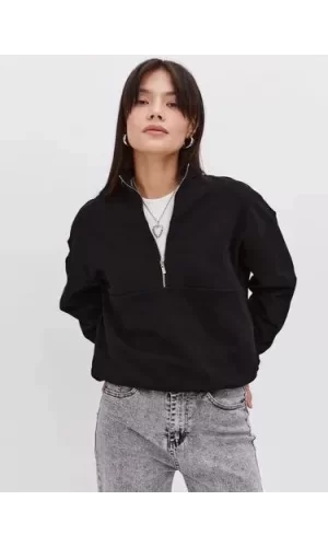 Oversize Yarım Farmuarlı Yakalı Basic SweatShirt - Siyah