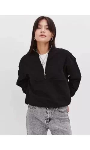 Luz&Pos Oversize Yarım Farmuarlı Yakalı Basic Sweatshirt - Siyah