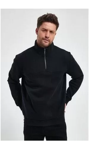 Luz&Pos Oversize Yarım Farmuarlı Yakalı Basic Sweatshirt - Siyah