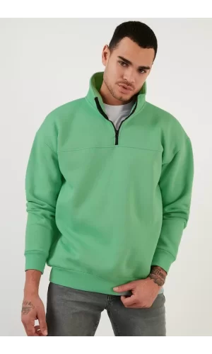 Luz&Pos Oversize Yarım Farmuarlı Yakalı Basic Sweatshirt - Yeşil