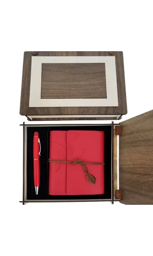 Özel Ahşap Kutulu Kırmızı Deri Defter Ve Kalem Set