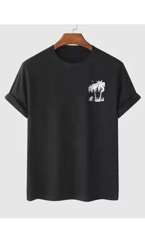 Luz&Pos 20/1 Penye Compack Palmiye Baskılı Oversize Bisiklet Yaka Kısa Kol T-shirt - Siyah