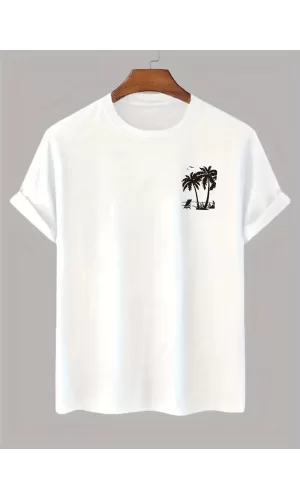 Luz&Pos 20/1 Penye Compack Palmiye Ön Baskılı Oversize Bisiklet Yaka Kısa Kol Yazlık T-shirt - Beyaz