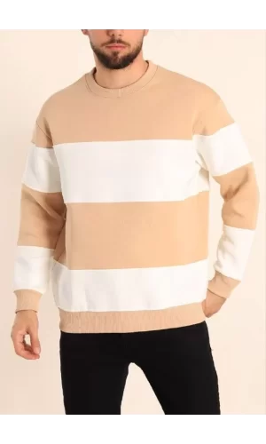 Luz&Pos Parçalı Bisiklet Yaka Baskılı Sweatshirt - Bej