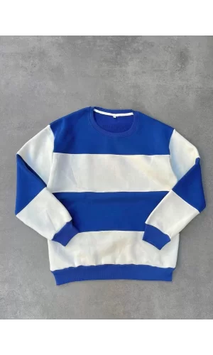 Luz&Pos Parçalı Bisiklet Yaka Baskılı Sweatshirt - Mavi