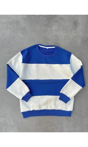 Parçalı Bisiklet Yaka Baskılı SweatShirt - Mavi