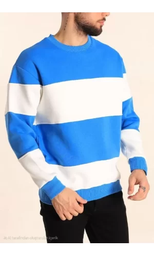 Luz&Pos Parçalı Bisiklet Yaka Baskılı Sweatshirt - Mavi
