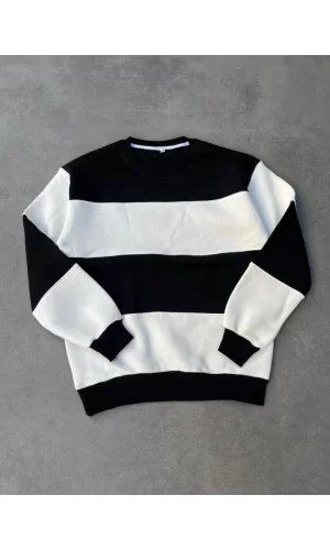 Parçalı Bisiklet Yaka Baskılı SweatShirt - Siyah