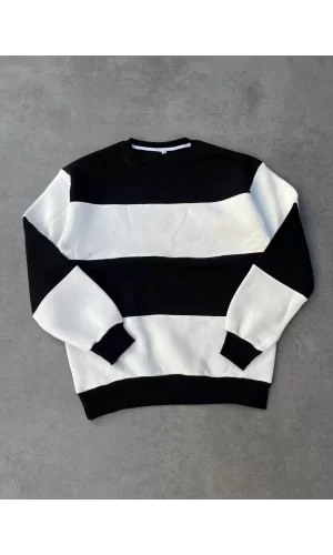 Luz&Pos Parçalı Bisiklet Yaka Baskılı Sweatshirt - Siyah