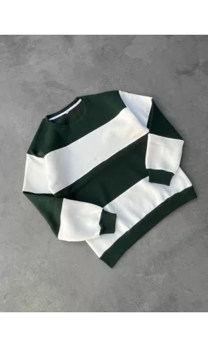 Parçalı Bisiklet Yaka Baskılı SweatShirt - Yeşil