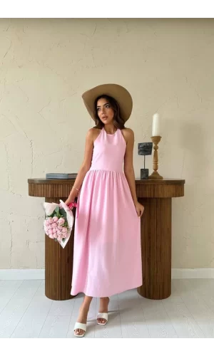 Pembe Arkası Gipeli Keten Elbise