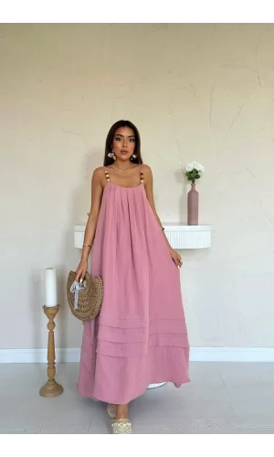 Pembe Askılı Müslin Elbise