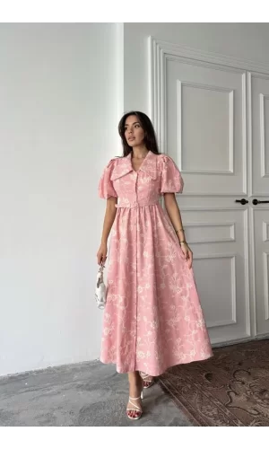 Pembe Bebe Yaka Balon Kollu Elbise