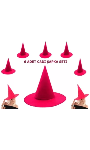 Pembe Fuşya Renk Keçe Cadı Şapkası Yetişkin Çocuk Uyumlu 6 Adet