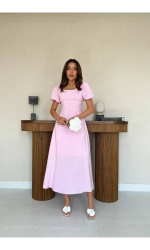 Pembe Göğüs Büzgülü Elbise