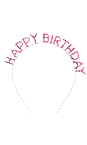 Pembe Kristal Taşlı Gold Happy Birthday Taçı