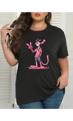 Pembe Panter Baskılı Oversize Bisiklet Yaka T-shirt - Beyaz
