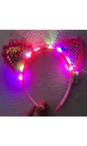 Pembe Pullu Led Işıklı Kedi Kulak Taç