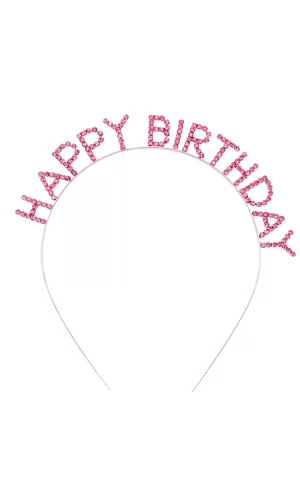 Pembe Renk Kristal Taşlı Gold Renk Kaplama Happy Birthday Taç 16x17 Cm