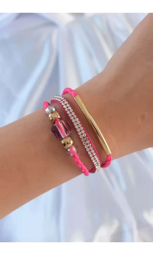 Pembe Renk Zirkon Taşlı Deri Çoklu Bileklik