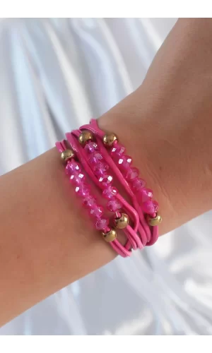 Pembe Renk Zirkon Taşlı İpli Çoklu Bileklik