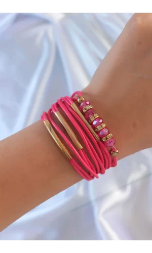 Pembe Renk Zirkon Taşlı Metal Aksesuarlı İpli Çoklu Bileklik