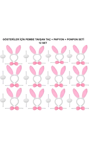 Pembe Tavşan Kostüm Seti – Taç, Papyon, Ponpon (12’li Paket)
