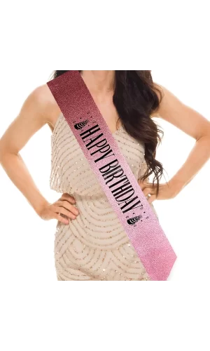 Pembe Üzeri Siyah Büyük Happy Birthday Yazılı Simli Işıltılı Kuşak Kemer 10 Cm Genişlik