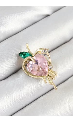 Pembe Ve Yeşil Zirkon Taşlı 3D Eriyen Kalp Figürlü Gold Renk Kadın Broş